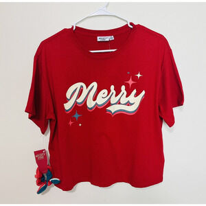 Mighty Fine Women’s Crop Top T-shirt, Merry print, Holiday Christmas, Large,Red